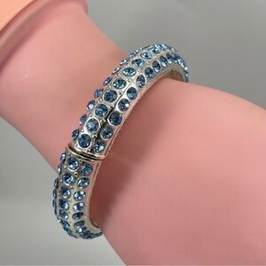 Silver Tone Blue Rhinestone Clamper Bangle Hinged Bracelet Sparkly Classic Cute